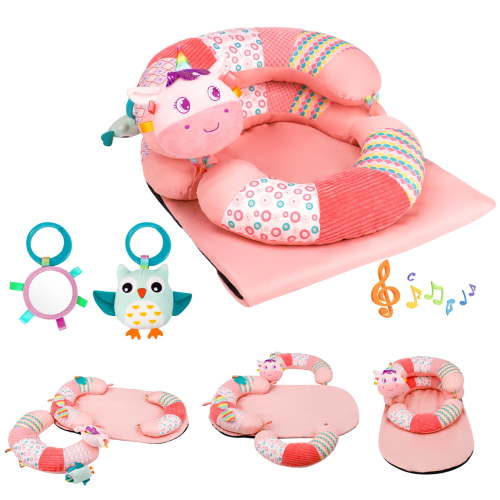 Blublu Park Sit Me Up Floor Seat with Detachable Support Pillow for Infant, 3-in-1 Tummy Time Mat and Baby Lounger to Prevent Reflux, Portable Playmat for Newborn Boys and Girls (Pink)
