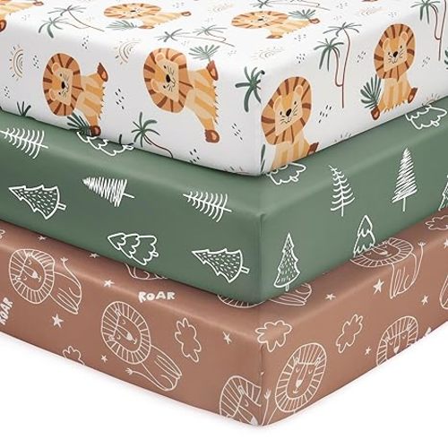 Baby Crib Sheets for Boys and Girls, 3 Pack Fitted Toddler Bed Sheets Neutral for 52”x28” Standard Crib and Toddler Mattresses, Super Soft Microfiber Brown Lion