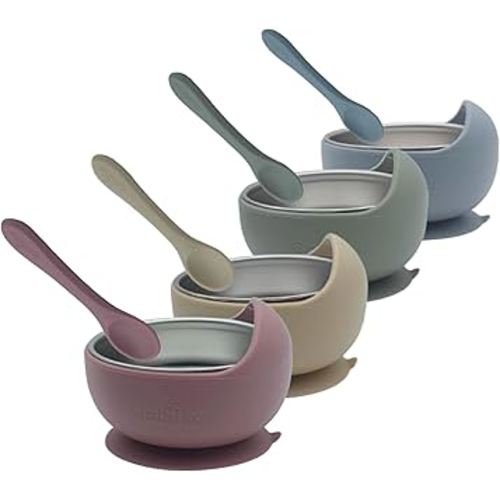 Silicone Baby Bowl Feeding Set – 12-Piece Set with Stainless Steel Inserts and Baby Spoons – BPA-Free Suction Bowls for Babies and Toddlers – Easy to Clean, Safe Mealtime Set for Self-Feeding