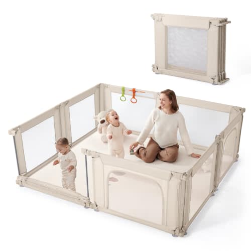 Foldable Baby Playpen, 79 x 71 in Large Play Yard with Breathable Mesh, Soft Padded Rails, Safety Zipper Gate, Anti-Slip Base, Portable Indoor Baby Fence for Babies and Toddlers 0-3,Light Khaki