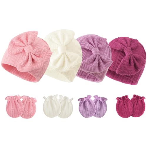 Newborn Baby Hats and Mittens Set Infant Bow Beanie Cap Toddler Gloves Newborn Hospital Hats for Baby Boy Girl 0-6 Months