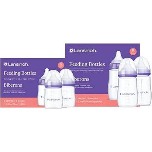 Lansinoh Anti-Colic Baby Bottles for Breastfeeding Babies, 3 Count Each of 5 Ounces and 8 Ounces, 6 Bottles Total, Includes 3 Medium Flow Nipples (Size M) and 3 Slow Flow Nipples (Size S)