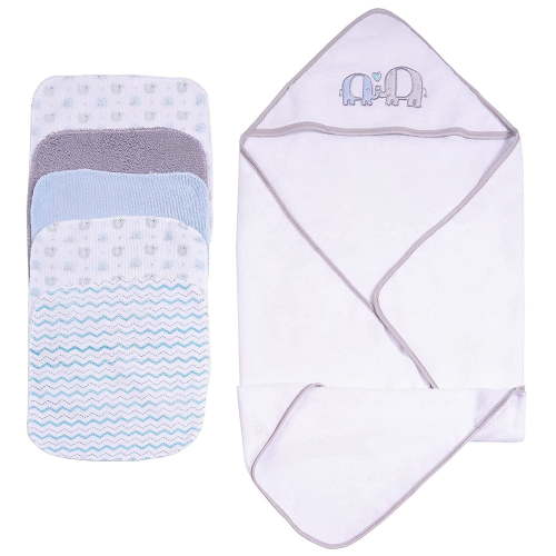 Viviland Baby Hooded Bath Towel and Washcloths 6 Pack for Newborn and Infants, Gray Elephant