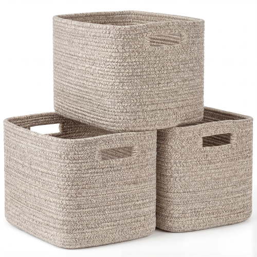 3 Pack Storage Basket, 11"x11"x9" (18L) Rectangle Woven Baskets for Storage, Cotton Rope Basket for toys, Towel Baskets, Closet Organizer Bins Shelves Organizer, Decorative Basket(Brown)