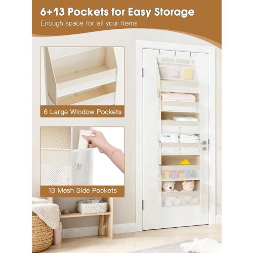 Criusia Over the Door Organizer, 6-Shelf Closet Hanging Storage with 13 Mesh Pockets, 55lbs Capacity Behind the Door Storage for Baby Nursery, Bathroom, Bedroom, and Dorm, Beige