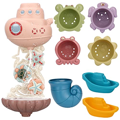 LZZAPJ Bath Toys for Toddlers Age 2-4, Bathtub Water Toys for Kids Age 1-3, Toddler Bath Toy Contains 4 Stackable Cups and 2 Boats and 1 Conch Spoon, Gift for Infants Boys Girls 6-12 Months