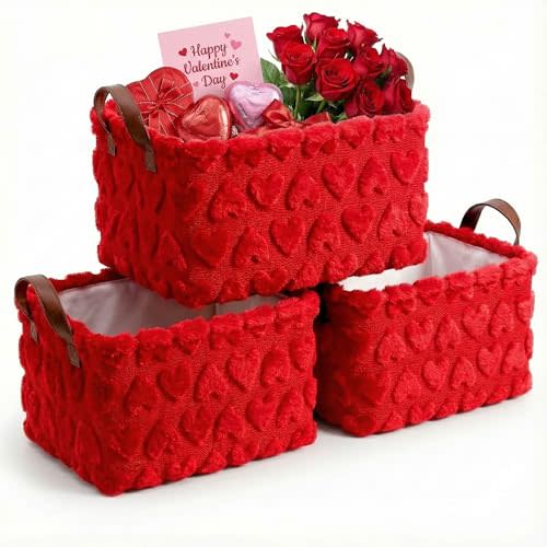 Kathfly 3 Pcs Heart Jacquard Foldable Storage Baskets Valentine's Day Plush Faux Fur Jacquard Design Laundry Basket with Handles Waterproof Storage Bins Fabric Shelf Baskets for Organizing
