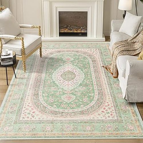 5x7 Area Rugs Washable,Green Rug for Living Room Bedroom Kitchen,Large Boho Vintage Bohemian Distressed Oriental Carpet Non Slip,Sage Blush Floral