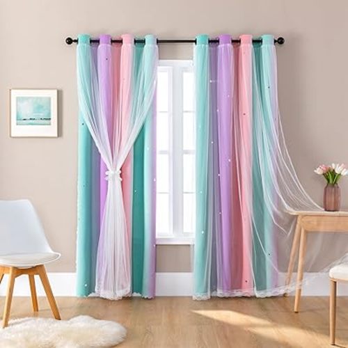 XiDi Curtains for Bedroom Decor, Kids Room Curtains for Girls Rainbow Colour, Pink Purple Green 52/120/1