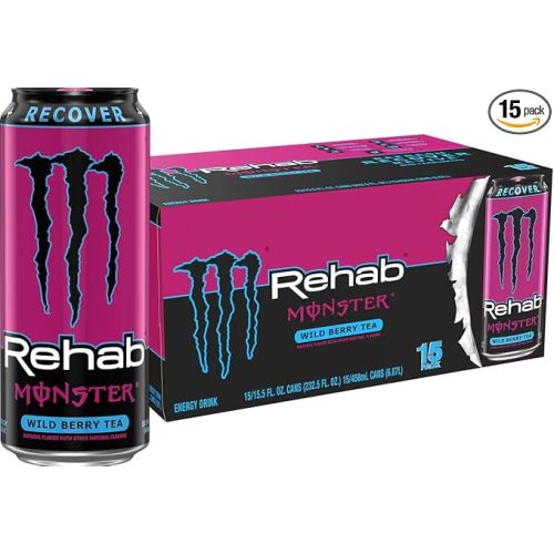 Monster Rehab Wild Berry Tea + Energy, Energy Drink, 15.5 Ounce | Energy Iced Tea, Pack of 15