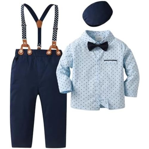 Boarnseorl Baby Boys Outfits Sets, Infant Shirt + Pants + Bow Tie + Suspenders + Cap