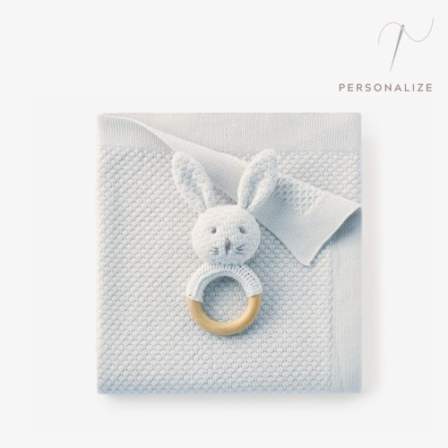 Pale Blue Textured Knit Blanket + Bunny Ring Rattle Gift Set BLUE / 30X40