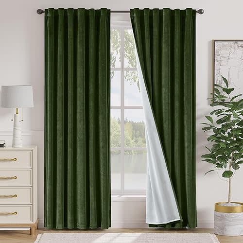 Lazzzy Green Velvet Blackout Curtains, 2 Panels, 52 x 90 Inch, Moss Green