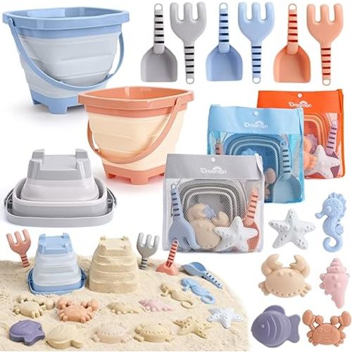 Dreamon Beach Toys Set for Kids 3-10, Collapsible Sand Buckets with Beach Molds and Mesh Bag, 3 Pack Shovels Set Sand Toys for Beach, Sandbox Travel Toys for Toddlers Kids