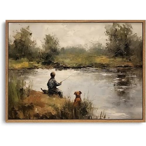 ZZLWBKGL Vintage Landscape Framed Wall Art Country Boy Fishing Canvas Wall Art Nursery Dog and Boy Pictures Wall Decor Rustic Farmhouse Art Prints for Living Room Bedroom