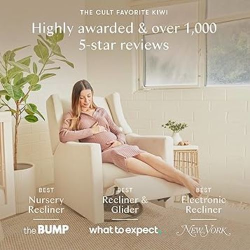 Babyletto Kiwi Glider Recliner Nursery Chair w/USB Ports - GREENGUARD Gold Certified - Water & Stain Resistant Glider Rocking Chair - Electronic, 270° Swivel, Almond Teddy Loop w/Light Wood Base