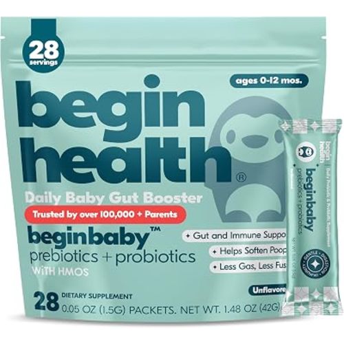 Begin Health Beginbaby® Prebiotics and Probiotics for Infants 0-12 Months | Baby Formula Prebiotic + Probiotic Powder with 2'-FL HMO's & B. Infantis for Optimal Digestion | 28-Packs - Unflavored