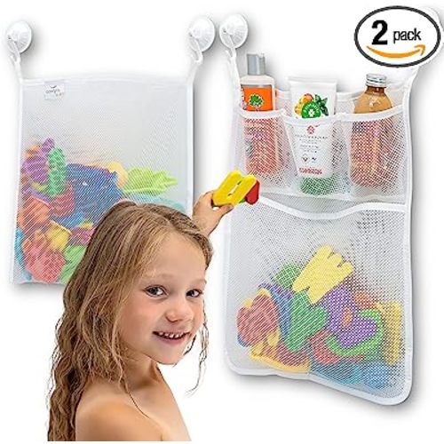 2 x Mesh Bath Toy Organizer + 8 Ultra Strong Hooks – The Perfect Bathtub Toy Holder & Bathroom or Shower Caddy – These Multi-use Net Bags Make Baby Bath Toy Storage Easy – For Kids & Toddlers