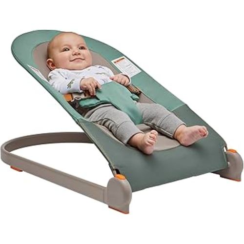 Boon Slant Portable Baby Bouncer - Folding Baby Seat for Infants - Lightweight Portable Baby Chair with Machine Washable Fabric and 3-Point Harness - Dark Green