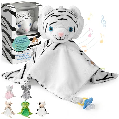 Love By Emi 4 in 1 Baby Lullaby Sleep Soother Toy - Stuffed Animal Sound Machine & Pacifier Holder | Heartbeat White Noise & Music | Plush White Tiger Lovey Sleep Aid Security Blanket (0-3 Years)