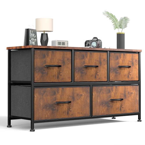 CONCETTA Dresser for Bedroom, 5 Fabric Drawers Dresser, Clothes Cabinet Storage Organizers and Wood Top Surface Table for TV, Chest of Drawers for Living Room, Hallway