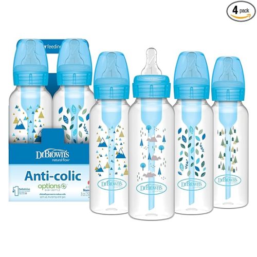 Dr. Brown's Natural Flow Anti-Colic Options+ Narrow Baby Bottle, Blue Nature, 8 oz/250 mL, with Level 1 Slow Flow Nipples, 0m+, 4 Pack