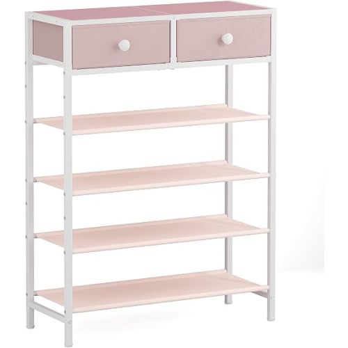 Shoe Rack, 5 Tier Shoe Organizer with 2 Drawers, Metal Shoe Storage for 16-20 Pairs of Shoes with Fabric Shelves and Wooden Top, Narrow Shoe Shelf for Closet Entryway Pink
