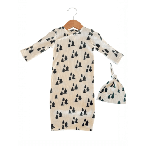 Organic Waffle Gown & Hat Set, Forest Green Trees