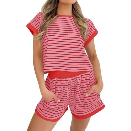 Tankaneo Womens Summer 2 Piece Sets Striped Short Sleeve T Shirts and Shorts Loungewear Matching Set
