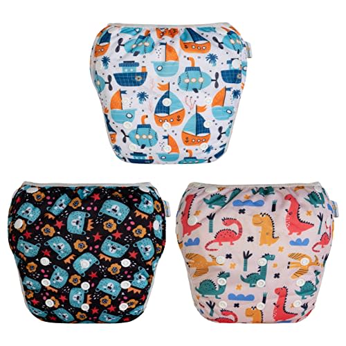 Babygoal Baby Swim Diapers 3 Pack for 0-8 Months Infant Girls and Boys, Reusable Adjustable Washable for Swimming Lessons-Boat, Bear,Dinosaur