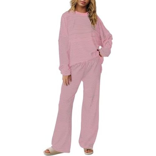 Panadila Womens 2 Piece Lounge Sets Striped Long Sleeve Pajama Set Oversized Tshirts Wide Leg Pant Loungewear