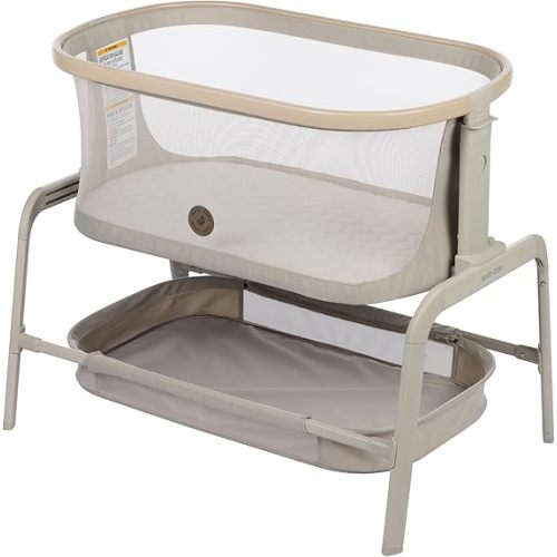 Maxi-Cosi Iora Baby Bassinets Bedside Sleeper, Portable Bassinet, Infant Bedside Sleeper Crib, Height Adjustable, Breathable Mesh, Large Storage Basket, Classic Oat