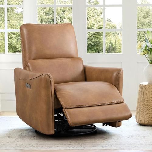 CHITA Power Recliner Chair Swivel Glider, FSC Certified Upholstered Faux Leather Living Room Nursery Reclining Sofa Chair with Lumbar Support, Cognac Brown