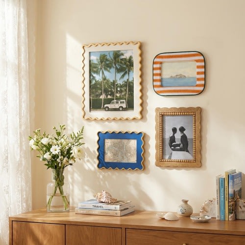 Vintage Coastal Picture Frame Set, Scalloped Wavy Travel Photo Frames, 4x6 5x7 8x10 Vacation Gallery Wall Decor, Family Travel Memories Gift