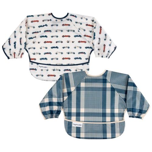 Tiny Twinkle Mess-Proof/Waterproof 2-Pack Long-Sleeve Baby Bib, Machine Washable Smock for Eating (Vintage Cars/Gingham, Small 6-24M)