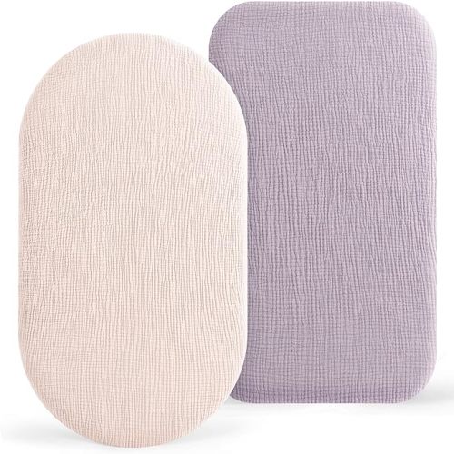Bearmoss Bassinet Sheets - 2 Pack Muslin Cotton Bassinet Sheets Fits Oval and Rectangle Bassinet Mattress, Breathable and Skin-Friendly for Baby Boy and Girl (Light Pink&Purple)