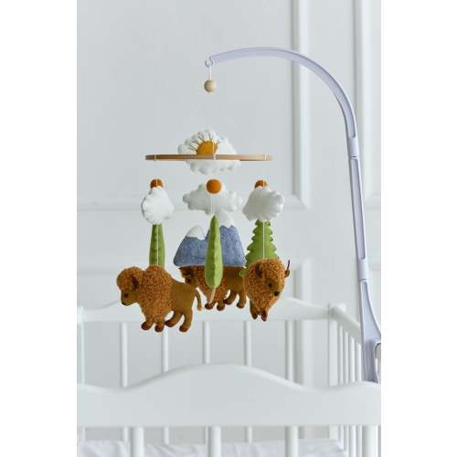 Buffalo Baby Mobile – Handmade Boucle Bison Crib Mobile with Trees, Mountains & Clouds