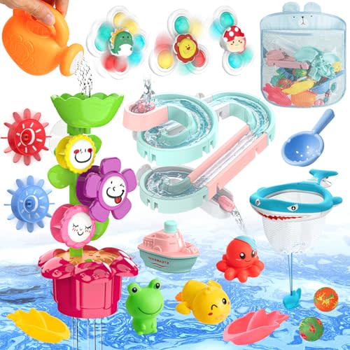 Baby Bath Toys, Bathtub Toys for Toddlers, Kids Shower Toys Bath Tub Slide Toys Set for Infants with Storage Organizer for Birthday, Preschool Gifts, Bathtime, Babies, Boys, Girls, Age 3+
