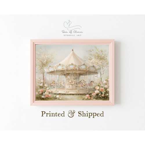 Vintage carousel horse nursery art print, whimsical floral wall decor for girls' shabby chic nursery, baby girl room, fairytale baby decor