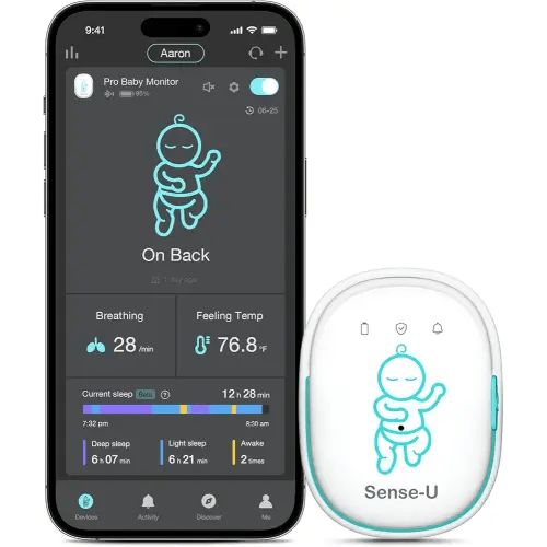 Sense-U Pro Baby Movement Monitor with Arousal Vibration, Movement/Rollover/Overheating Alerts, Audible & App Notifications, Easy Clip-On Design, Smart Sleep Monitor