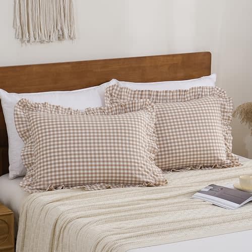 Tan Gingham Ruffle Pillow Cases 100% Washed Cotton Like Linen Feel Soft Comfy Standard Size Plaid Checkered Cute Fall Bedding Pillow Cover Shams Set of 2 Pack (20x26 Inches, Envelope Closure)