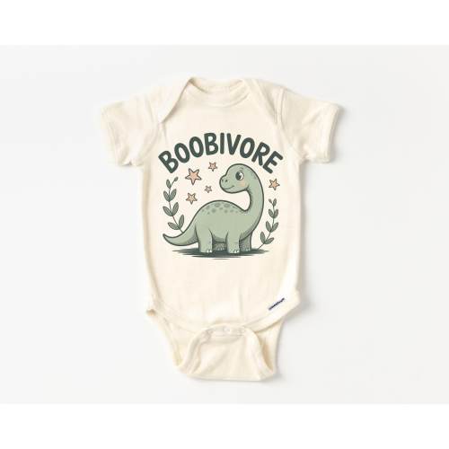 Funny Breastfeeding Boobivore Dino Baby Onesie® - Brontosaurus Pregnancy Reveal Birth Announcement Bodysuit - Natural Onesie®