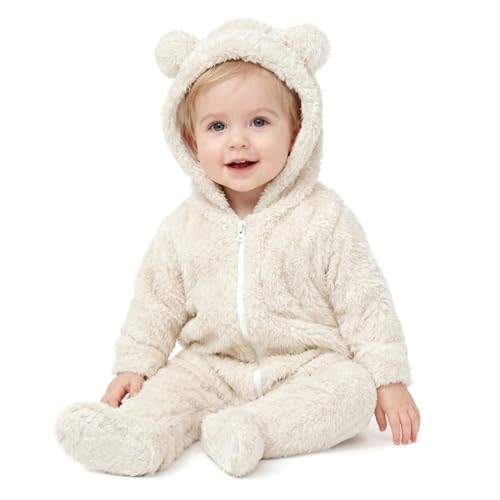 Baby Bear Winter Fleece Hooded Snowsuit Jumpsuit for Boys & Girls | Soft plush fleece onesie with cozy warmth, bear-ear hood and smooth front zipper for everyday comfort in cold weather.