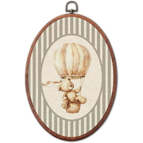 Vintage Hot Air Balloon Bear Nursery Oval Wall Art Framed, Grey Striped Framed Canvas Prints, Unique Retro Boy or Girl Gift Hanging Wall Decor for Kids Toddler Room Bedroom Playroom, 8.6x11.4 Inch