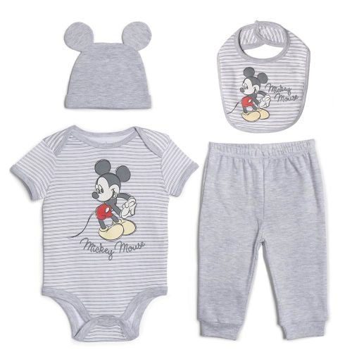 Disney Mickey Mouse 4 Piece Outfit Set: Bodysuit Pants Bib Hat
