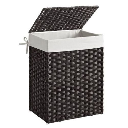 SONGMICS Handwoven Laundry Hamper, 23.8 Gal (90L) Synthetic Rattan Clothes Laundry Basket with Lid and Handles, Foldable, Removable Liner Bag, Black