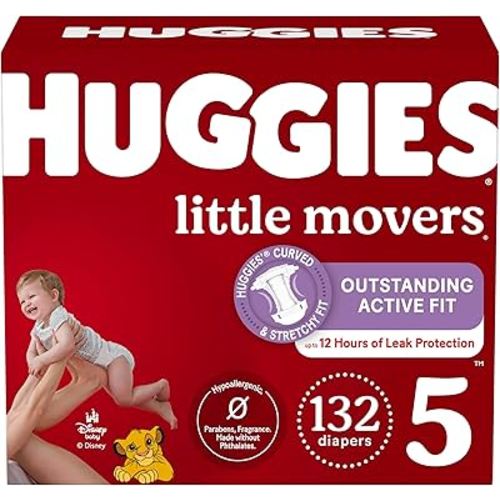 Huggies Size 5 Diapers, Little Movers Baby Diapers, Size 5 (27+ lbs), 132 Count (2 Packs of 66), Packaging May Vary