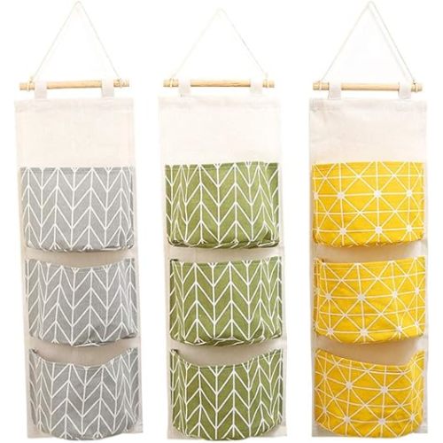 3Pcs Wall Hanging Storage Bag, Creatiee Waterproof Over The Door Closet Organizer Linen Farbric Hanging Pocket Organizer with 3 Remote-Sized Width Pockets for Bedroom