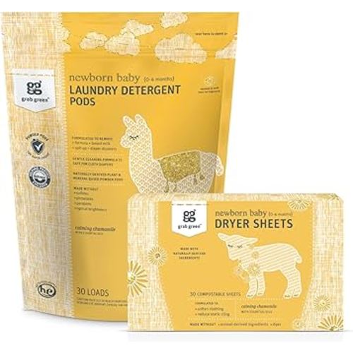 Grab Green Newborn Baby Laundry Detergent Pods and Dryer Sheets Bundle, 30 Count Pods and 40 Dryer Sheets, Calming Chamomile Scent, Plant and Mineral Based Laundry Care Set
