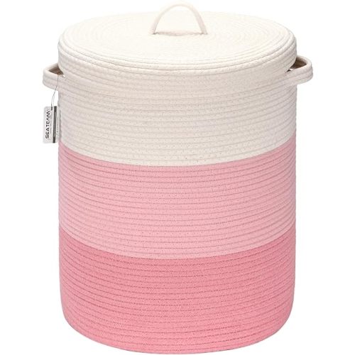 Sea Team Large Size Cotton Rope Woven Storage Basket with Lid, Lidded Laundry Hamper with Handles, Fabric Bucket with Cover, Clothes Toys Organizer for Kid's Room, 16 x 20 inches, White & Pink